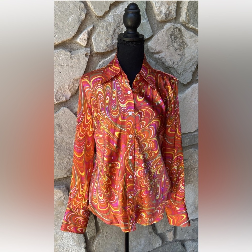 TOMMY‎ HILFIGER Womens Silk Blouse 10 Multicolor Abstract Long Sleeve Excellent